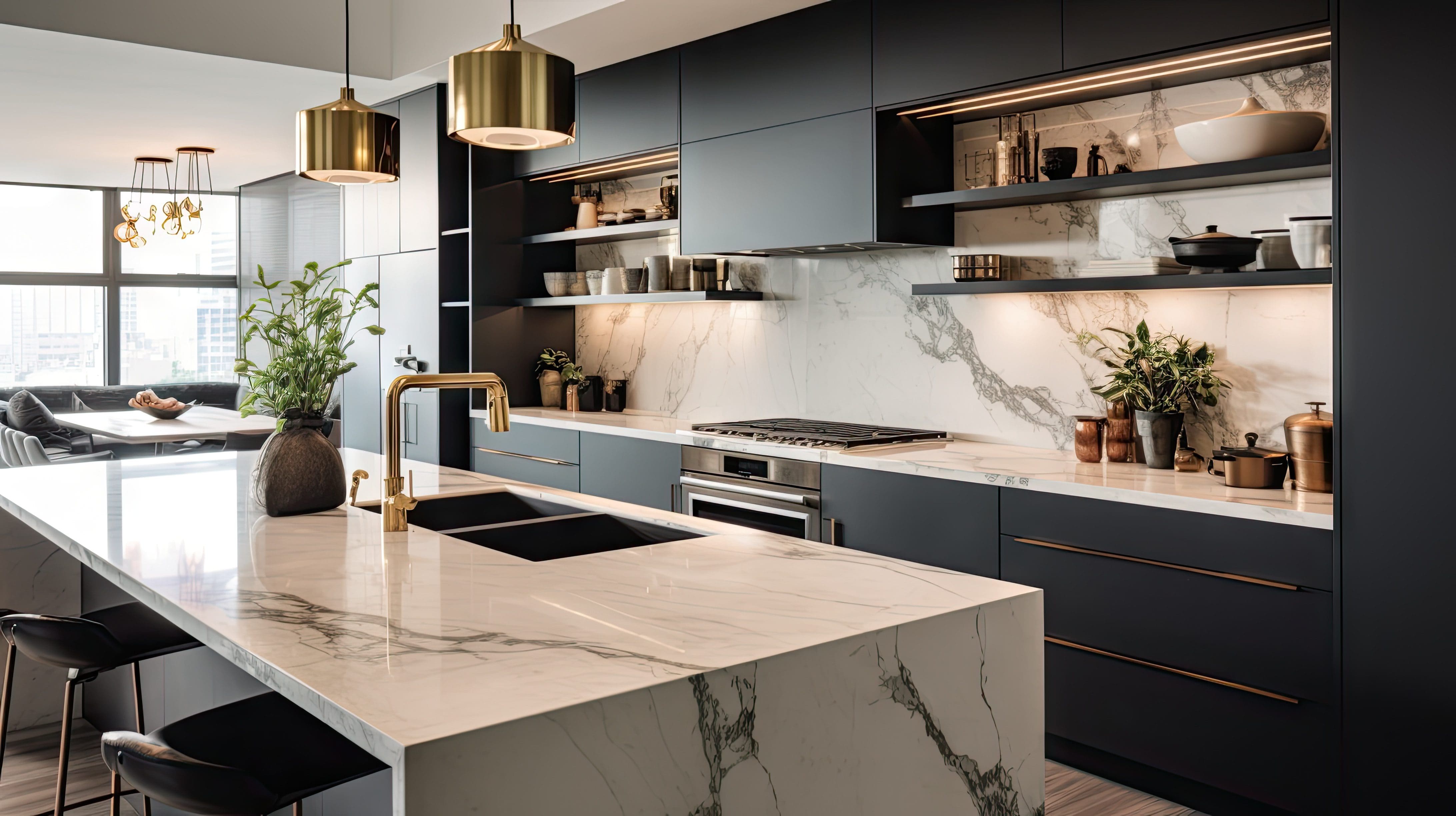 A contemporary, chic kitchen in Chicago featuring stylish black and